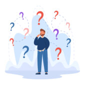Confused business character making important decision Confused business character making important decision. Man with questions, different options, making choice flat vector illustration. Goal, success, strategy concept for banner, website design